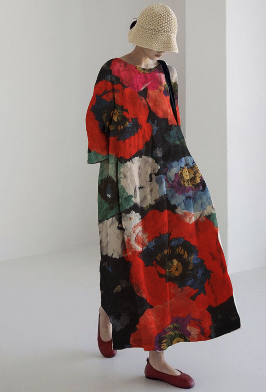 ROSALIA | Abito Midi Artistico con Massimo Comfort e Stampa Floreale Intensa per Look D’Impatto